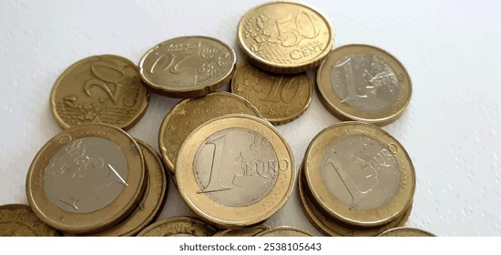 Moedas e centavos de euro. Fundo da moeda europeia. Fundo monetário. Taxa de câmbio do euro, câmbio de moeda, investimentos, depósitos, hipotecas, taxa de câmbio. Pouco dinheiro, pobreza, dívida, emigração.