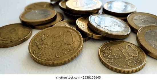 Moedas e centavos de euro. Fundo da moeda europeia. Fundo monetário. Taxa de câmbio do euro, câmbio de moeda, investimentos, depósitos, hipotecas, taxa de câmbio. Pouco dinheiro, pobreza, dívida, emigração.