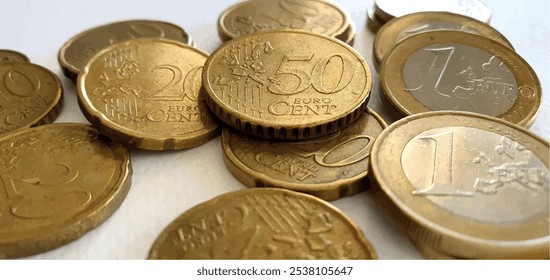 Moedas e centavos de euro. Fundo da moeda europeia. Fundo monetário. Taxa de câmbio do euro, câmbio de moeda, investimentos, depósitos, hipotecas, taxa de câmbio. Pouco dinheiro, pobreza, dívida, emigração.