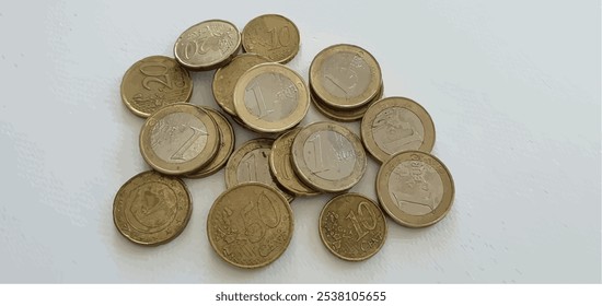 Moedas e centavos de euro. Fundo da moeda europeia. Fundo monetário. Taxa de câmbio do euro, câmbio de moeda, investimentos, depósitos, hipotecas, taxa de câmbio. Pouco dinheiro, pobreza, dívida, emigração.