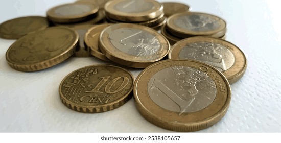 Moedas e centavos de euro. Fundo da moeda europeia. Fundo monetário. Taxa de câmbio do euro, câmbio de moeda, investimentos, depósitos, hipotecas, taxa de câmbio. Pouco dinheiro, pobreza, dívida, emigração.