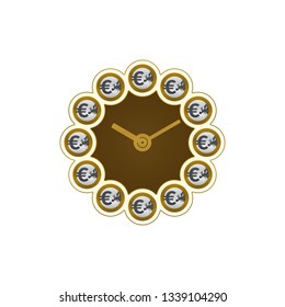 Euro coins and clock. Time and money concept on white background. Financial concept design.