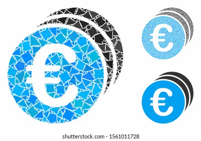 Euro coins composition of tuberous elements in variable sizes and color tinges, based on Euro coins icon. Vector raggy elements are united into mosaic. Euro coins icons collage with dotted pattern.