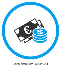 Euro Coins And Dolar Banknotes vector icon. Style is bicolor flat circled symbol, blue and gray colors, rounded angles, white background.