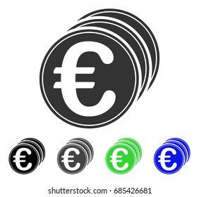 Euro Coins flat vector pictogram. Colored euro coins gray, black, blue, green icon variants. Flat icon style for application design.