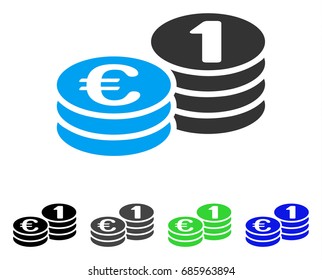 Euro Coins flat vector pictogram. Colored euro coins gray, black, blue, green icon versions. Flat icon style for graphic design.
