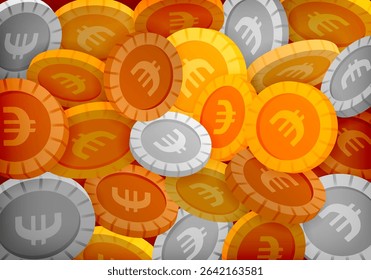 Euro coins in gold and silver tones falling and stacking in piles to symbolize European banking, investment growth, currency strength, and financial planning