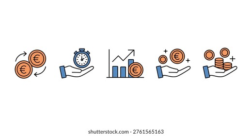 Euro coins and hands with clock and graph in white background
