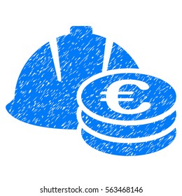 Euro Coins And Helmet grainy textured icon for overlay watermark stamps. Flat symbol with scratched texture. Dotted vector blue ink rubber seal stamp with grunge design on a white background.