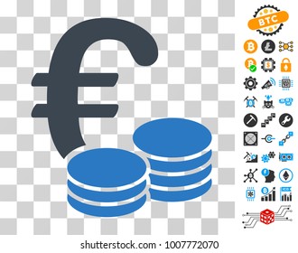 Euro Coins icon with bonus bitcoin mining and blockchain pictures. Vector illustration style is flat iconic symbols. Designed for cryptocurrency apps.
