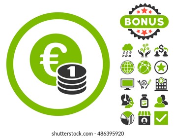 Euro Coins icon with bonus design elements. Vector illustration style is flat iconic bicolor symbols, eco green and gray colors, white background.
