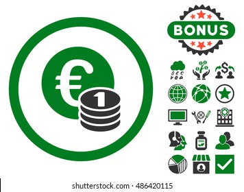Euro Coins icon with bonus design elements. Vector illustration style is flat iconic bicolor symbols, green and gray colors, white background.