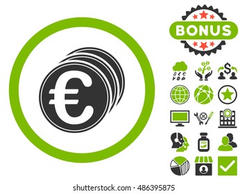 Euro Coins icon with bonus elements. Vector illustration style is flat iconic bicolor symbols, eco green and gray colors, white background.