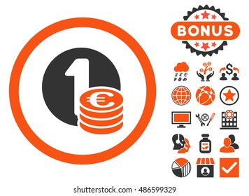 Euro Coins icon with bonus pictogram. Vector illustration style is flat iconic bicolor symbols, orange and gray colors, white background.