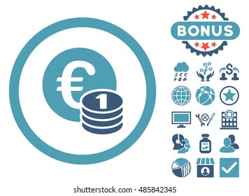 Euro Coins icon with bonus pictures. Vector illustration style is flat iconic bicolor symbols, cyan and blue colors, white background.