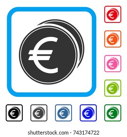 Euro Coins icon. Flat grey pictogram symbol inside a light blue rounded frame. Black, gray, green, blue, red, orange color versions of Euro Coins vector. Designed for web and software user interface.