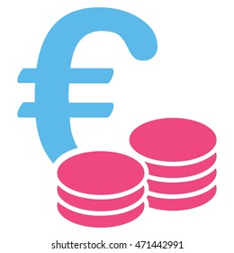 Euro Coins icon. Vector style is bicolor flat iconic symbol with rounded angles, pink and blue colors, white background.