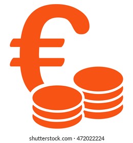 Euro Coins icon. Vector style is flat iconic symbol with rounded angles, orange color, white background.