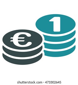 Euro Coins icon. Vector style is bicolor flat iconic symbol with rounded angles, soft blue colors, white background.