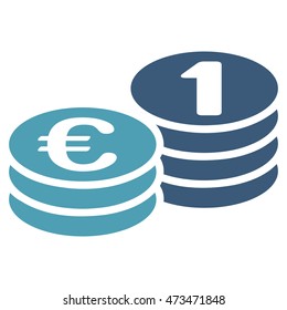Euro Coins icon. Vector style is bicolor flat iconic symbol with rounded angles, cyan and blue colors, white background.