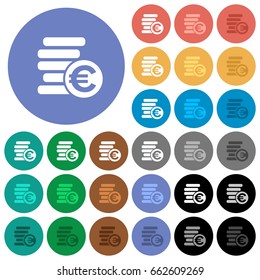 Euro coins multi colored flat icons on round backgrounds. Included white, light and dark icon variations for hover and active status effects, and bonus shades on black backgounds.