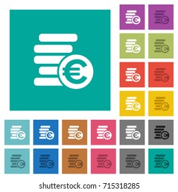 Euro coins multi colored flat icons on plain square backgrounds. Included white and darker icon variations for hover or active effects.
