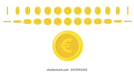 Euro coins rotating. Set of rotation gold coins at different angles for animation. Flat vector illustration.