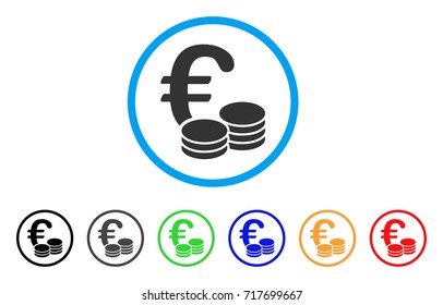 Euro Coins rounded icon. Style is a flat euro coins gray symbol inside light blue circle with black, gray, green, blue, red, orange color versions. Vector designed for web and software interfaces.
