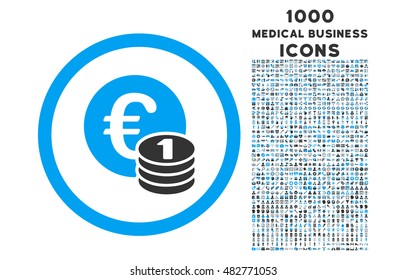 Euro Coins rounded vector bicolor icon with 1000 medical business icons. Set style is flat pictograms, blue and gray colors, white background.