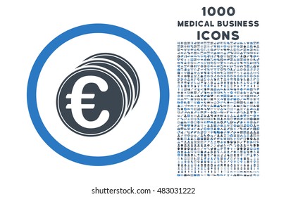 Euro Coins rounded vector bicolor icon with 1000 medical business icons. Set style is flat pictograms, smooth blue colors, white background.