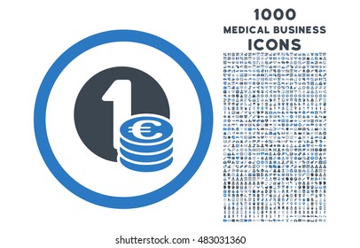 Euro Coins rounded vector bicolor icon with 1000 medical business icons. Set style is flat pictograms, smooth blue colors, white background.