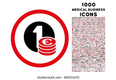 Euro Coins rounded vector bicolor icon with 1000 medical business icons. Set style is flat pictograms, intensive red and black colors, white background.