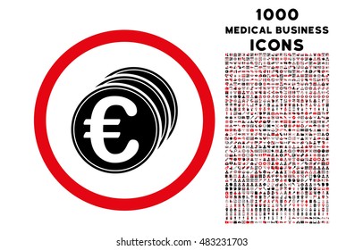 Euro Coins rounded vector bicolor icon with 1000 medical business icons. Set style is flat pictograms, intensive red and black colors, white background.