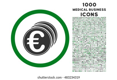 Euro Coins rounded vector bicolor icon with 1000 medical business icons. Set style is flat pictograms, green and gray colors, white background.