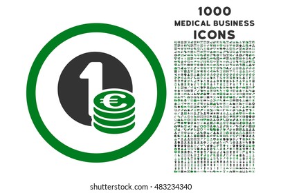 Euro Coins rounded vector bicolor icon with 1000 medical business icons. Set style is flat pictograms, green and gray colors, white background.