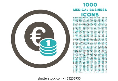 Euro Coins rounded vector bicolor icon with 1000 medical business icons. Set style is flat pictograms, grey and cyan colors, white background.