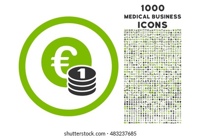 Euro Coins rounded vector bicolor icon with 1000 medical business icons. Set style is flat pictograms, eco green and gray colors, white background.