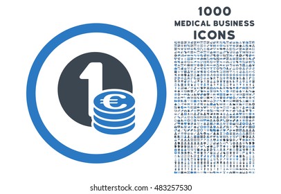 Euro Coins rounded vector bicolor icon with 1000 medical business icons. Set style is flat pictograms, smooth blue colors, white background.