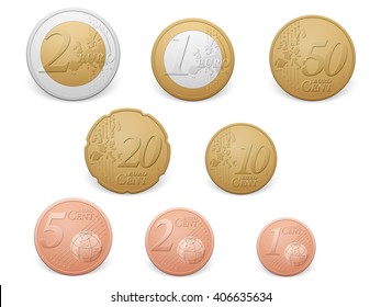 Euro coins set on a white background.