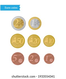 Euro coins set vector illustration, 1 euro 2 euro 50 cent 5 cent currency