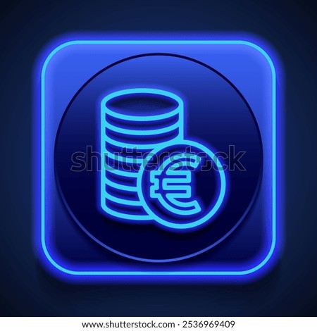 Euro coins simple icon vector. Flat design. Blue neon style on button. With shadow.ai