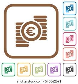 Euro coins simple icons in color rounded square frames on white background