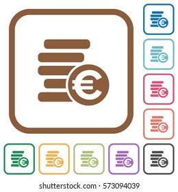 Euro coins simple icons in color rounded square frames on white background