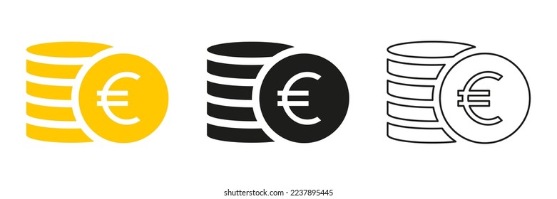 Euro coins stack icon set. Money silhouette symbol collection. Business payment concept. Vector isolated on white.