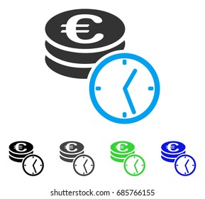 Euro Coins And Time flat vector illustration. Colored Euro coins and time gray, black, blue, green pictogram variants. Flat icon style for web design.