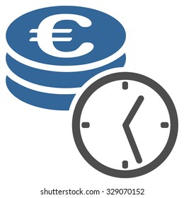 Euro Coins and Time vector icon. Style is bicolor flat symbol, cobalt and gray colors, rounded angles, white background.
