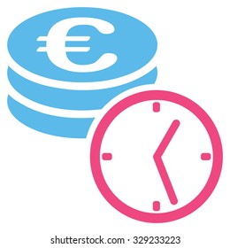 Euro Coins and Time vector icon. Style is bicolor flat symbol, pink and blue colors, rounded angles, white background.