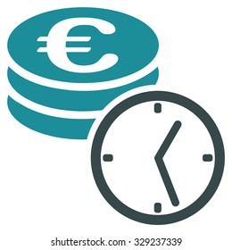 Euro Coins and Time vector icon. Style is bicolor flat symbol, soft blue colors, rounded angles, white background.