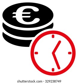 Euro Coins and Time vector icon. Style is bicolor flat symbol, intensive red and black colors, rounded angles, white background.