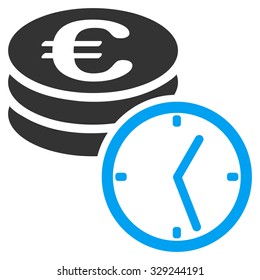 Euro Coins and Time vector icon. Style is bicolor flat symbol, blue and gray colors, rounded angles, white background.